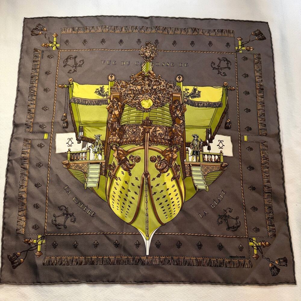 Hermes Paris 'Vue du Carosse de la Galère La Réale'  Vintage Pocket Square